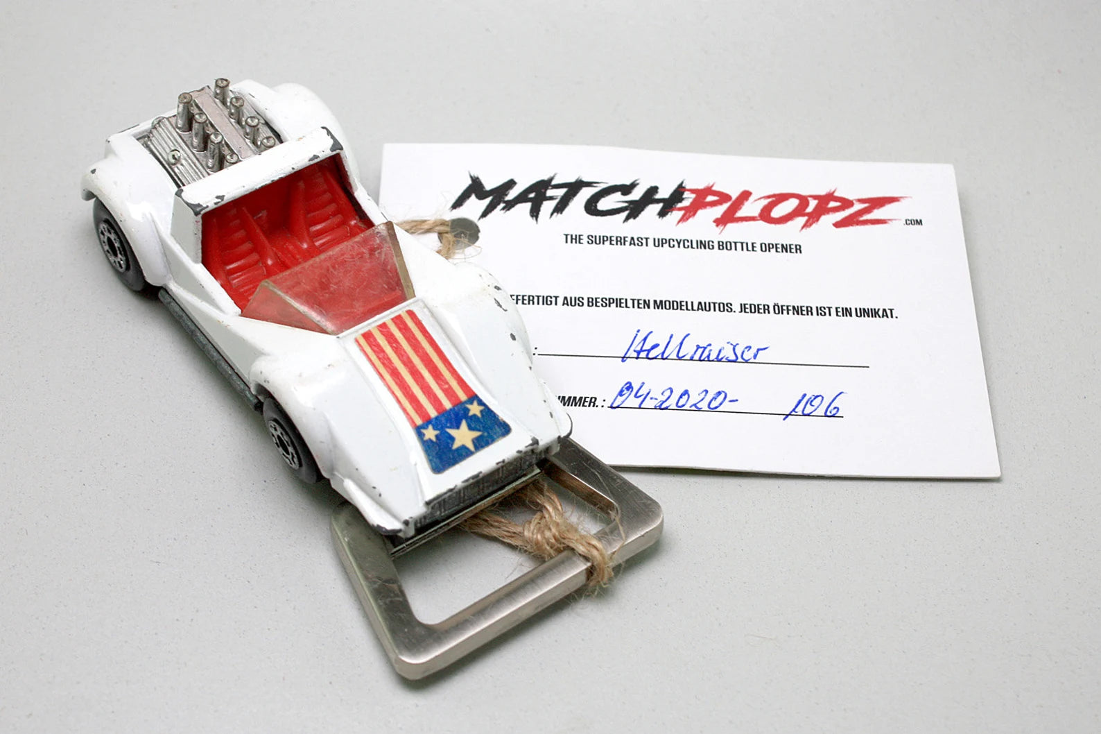 HELLRAISER bottle opener model car toy car from MATCHPLOPZ vintage retro gift birthday man friend car white